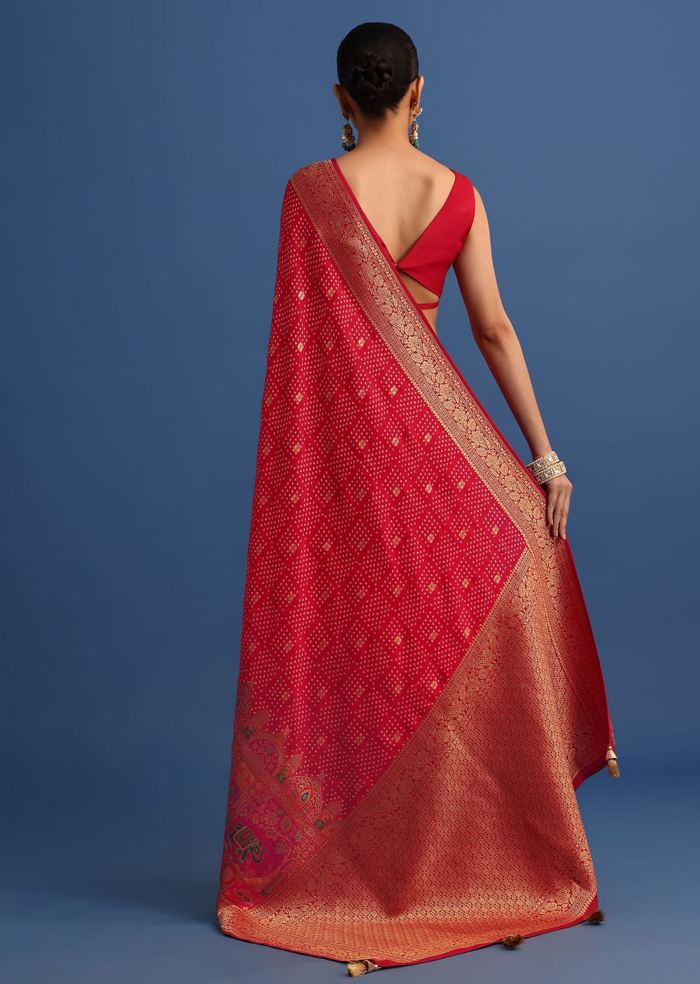Red Banarasi Bandhani Satin Saree With Traditional Brocade Motifs On Border