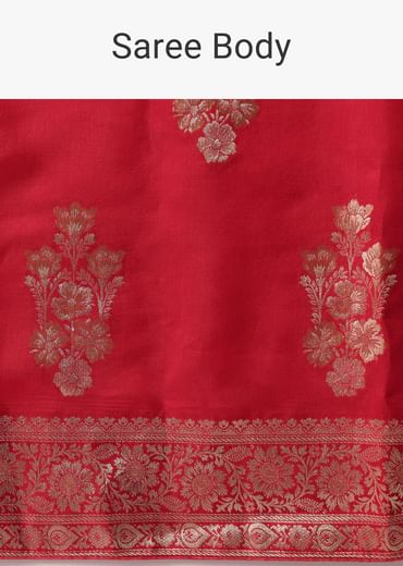 Red Banarasi Silk Saree With Woven Floral Motifs And Unstitched Blouse Piece