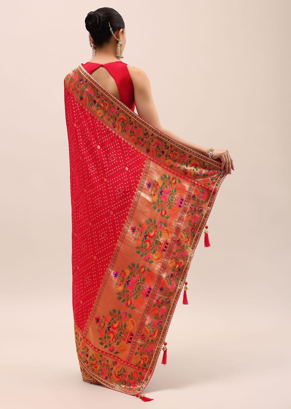 Red Bandhani Silk Saree With Unstitched Blouse