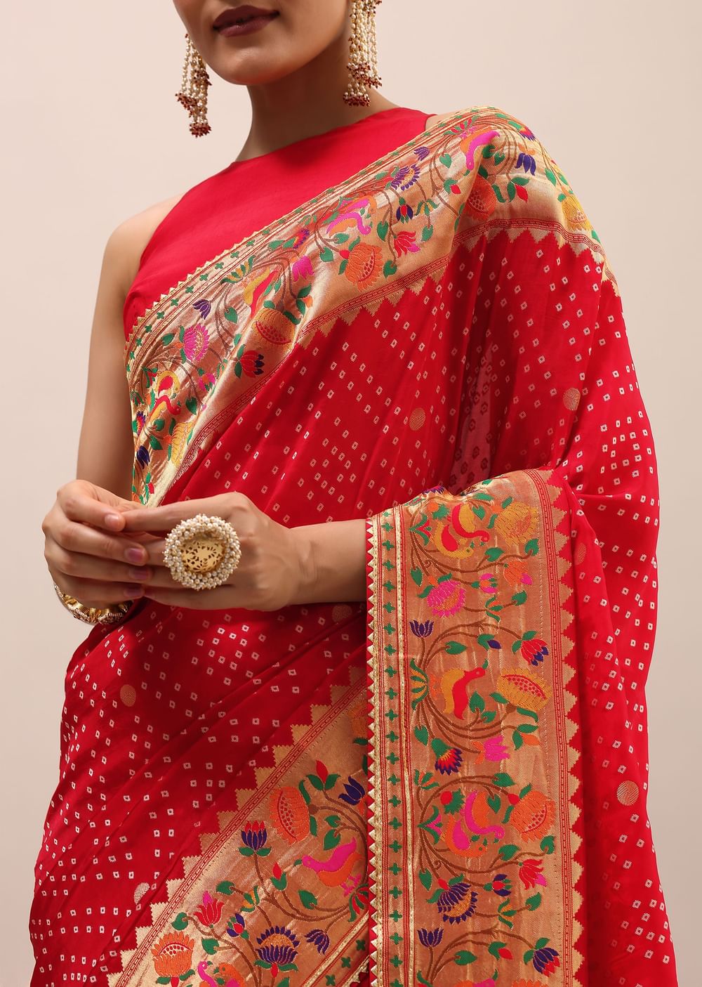 Red Bandhani Silk Saree With Unstitched Blouse