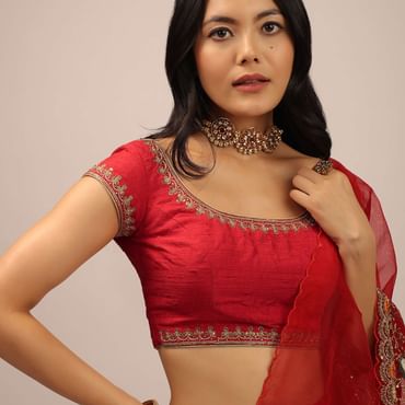 Red Blouse In Raw Silk With Cap Sleeves, Round Neckline And Zardosi Detailed Neckline