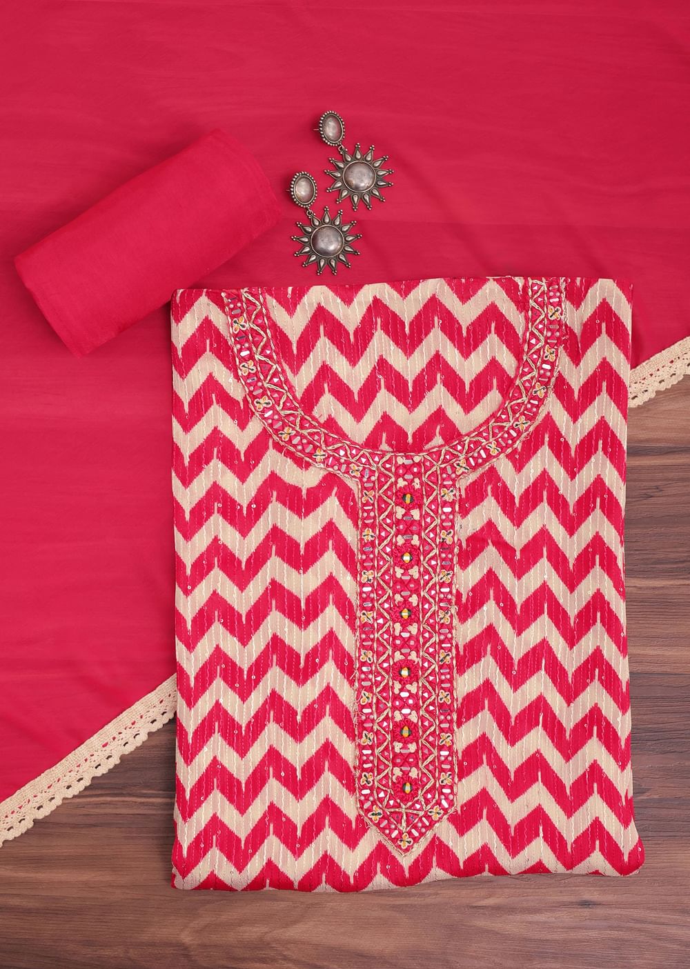 Red Chevron Printed Georgette Dress Material