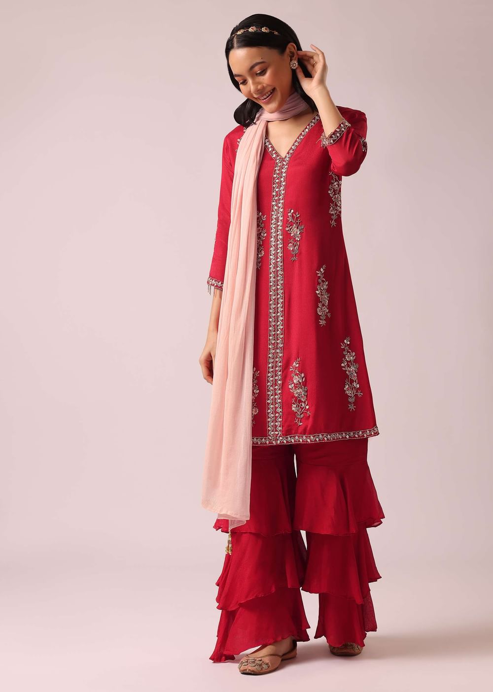 Red Colorblock Kurta And Layered Sharara Set