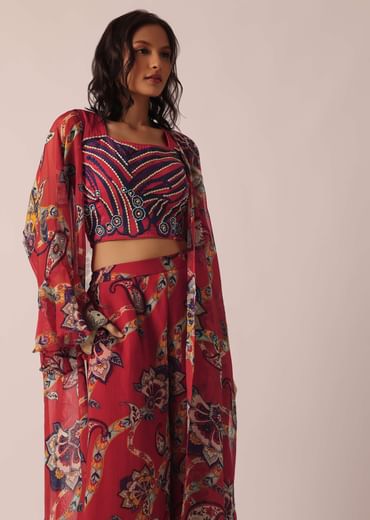 Red Cotton Jacket And Palazzo Set With Printed Detail