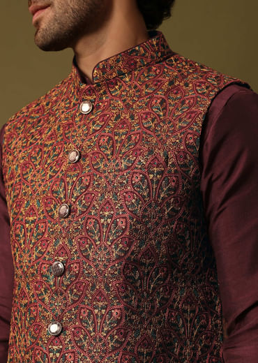 Red Cotton Kurta Jacket Set With Resham Work For Men