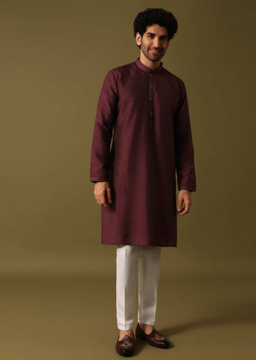 Red Cotton Kurta Jacket Set With Resham Work For Men