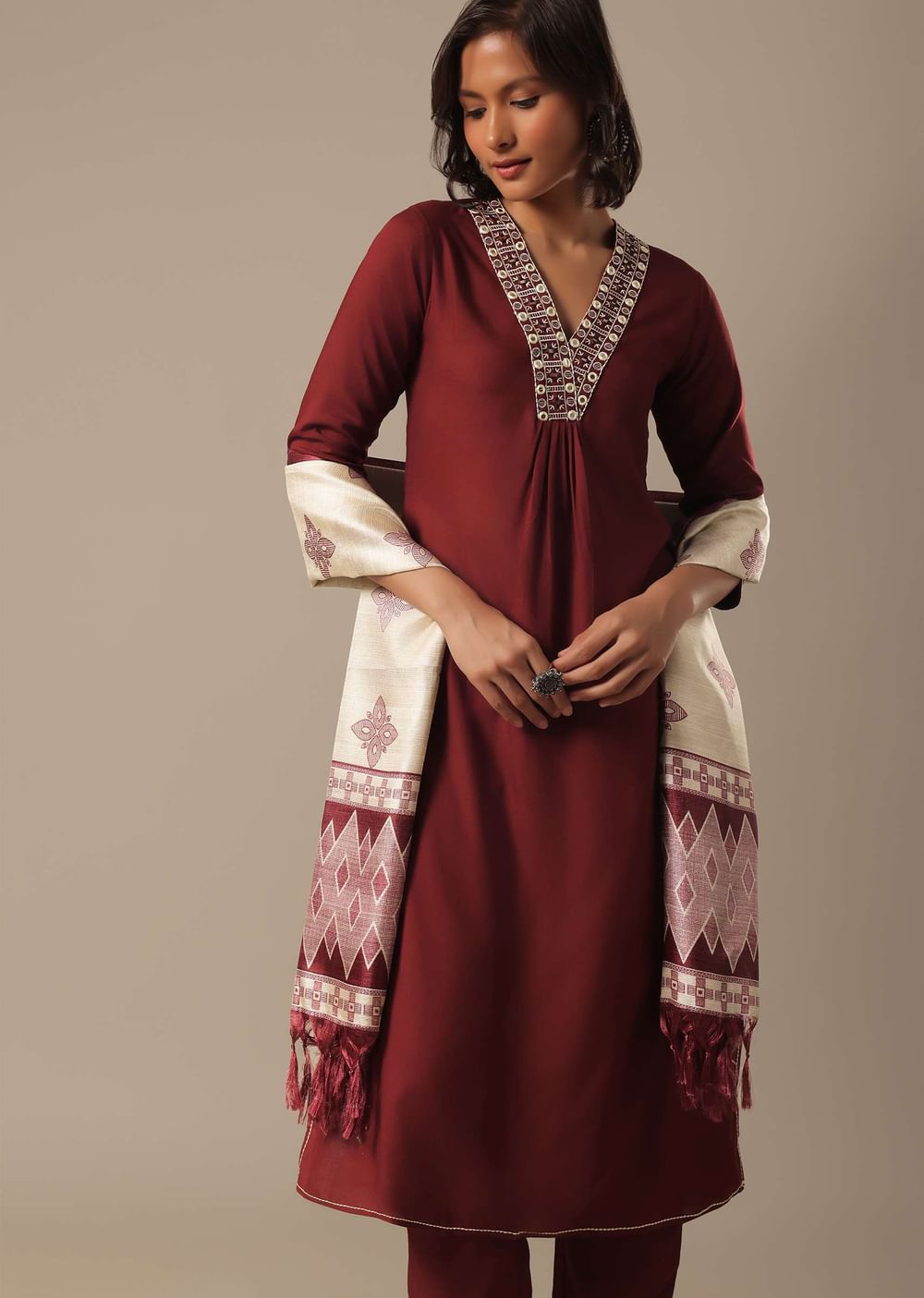 Red Cotton Pant Set With Foil Work