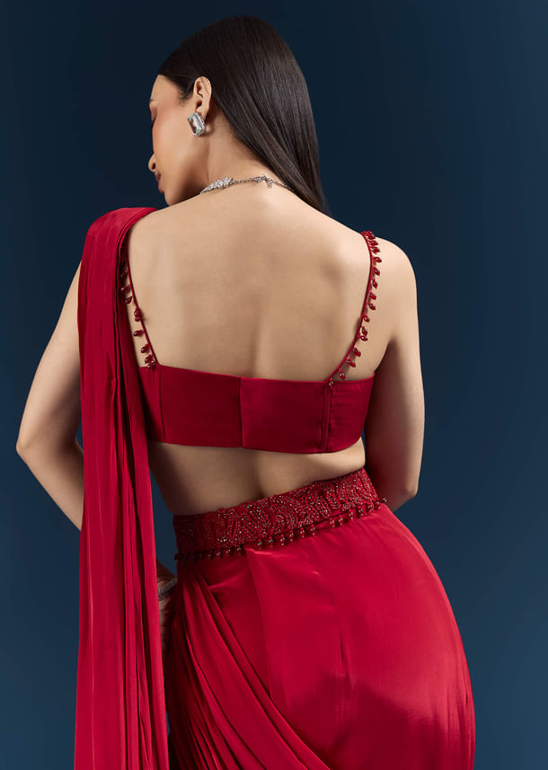 Red Crepe Ready Pleated Saree With Heavy Embroidery Red Crepe Ready Pleated Saree With Heavy Embroidery