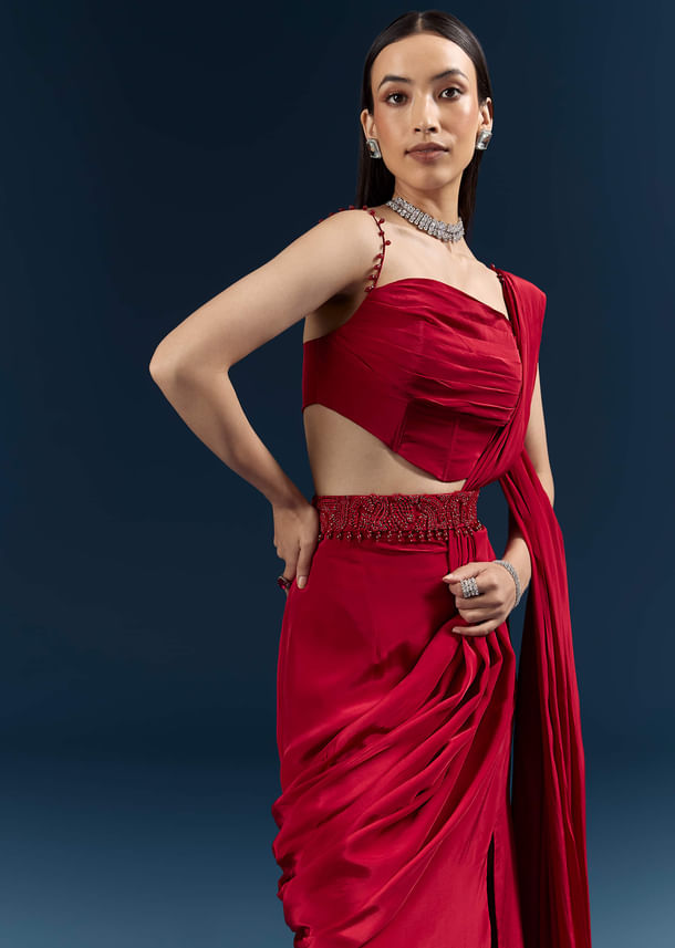 Red Crepe Ready Pleated Saree With Heavy Embroidery Red Crepe Ready Pleated Saree With Heavy Embroidery