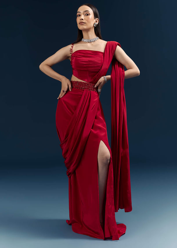 Red Crepe Ready Pleated Saree With Heavy Embroidery Red Crepe Ready Pleated Saree With Heavy Embroidery