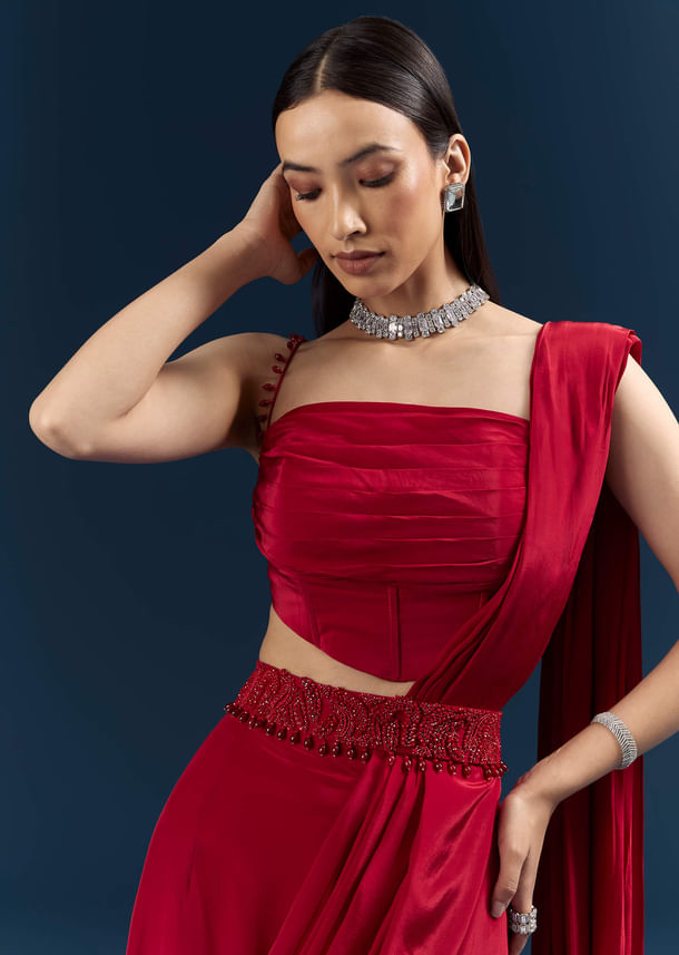 Red Crepe Ready Pleated Saree With Heavy Embroidery Red Crepe Ready Pleated Saree With Heavy Embroidery