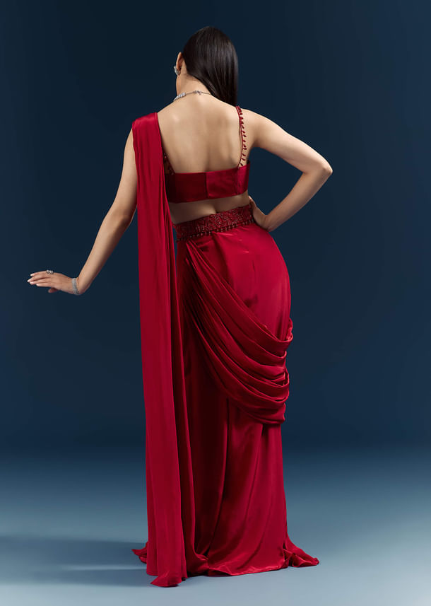 Red Crepe Ready Pleated Saree With Heavy Embroidery Red Crepe Ready Pleated Saree With Heavy Embroidery