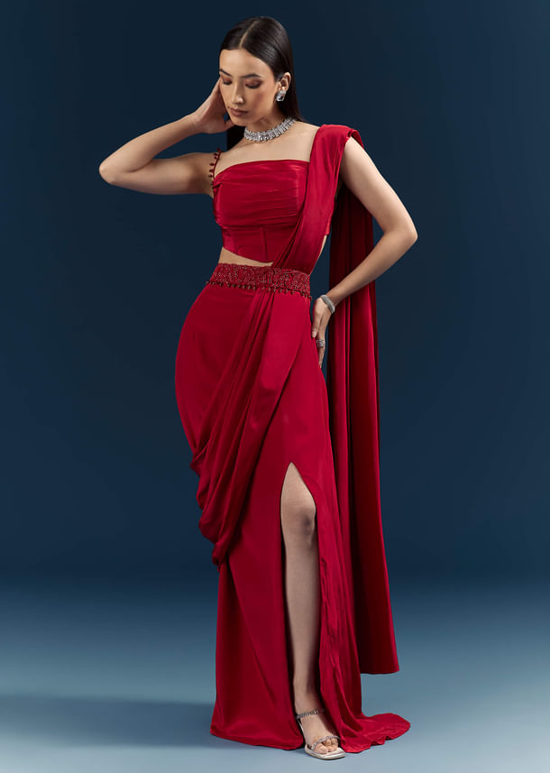 Red Crepe Ready Pleated Saree With Heavy Embroidery Red Crepe Ready Pleated Saree With Heavy Embroidery