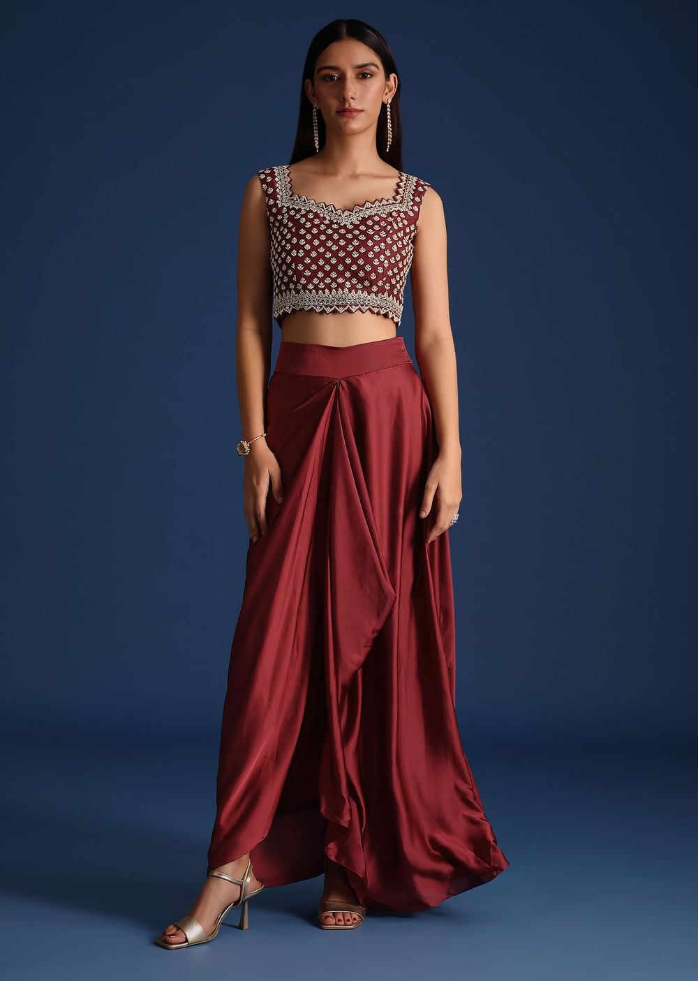 Red Cutdana Work Jacket With Draped Skirt And Crop Top