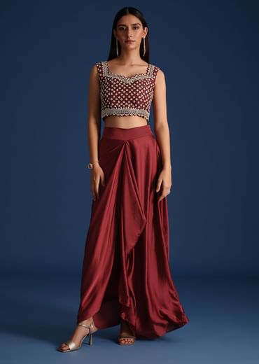 Red Cutdana Work Jacket With Draped Skirt And Crop Top