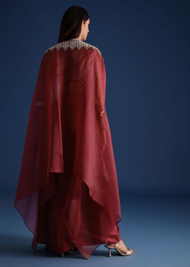 Red Cutdana Work Jacket With Draped Skirt And Crop Top