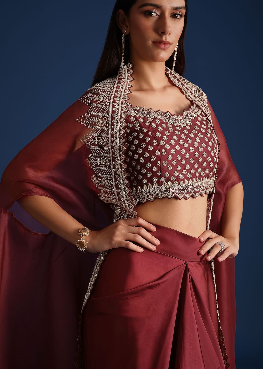 Red Cutdana Work Jacket With Draped Skirt And Crop Top