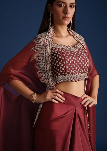 Red Cutdana Work Jacket With Draped Skirt And Crop Top