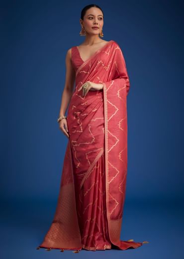 Punch Pink Dola Silk Saree With Zari Accents On Pallu And Border
