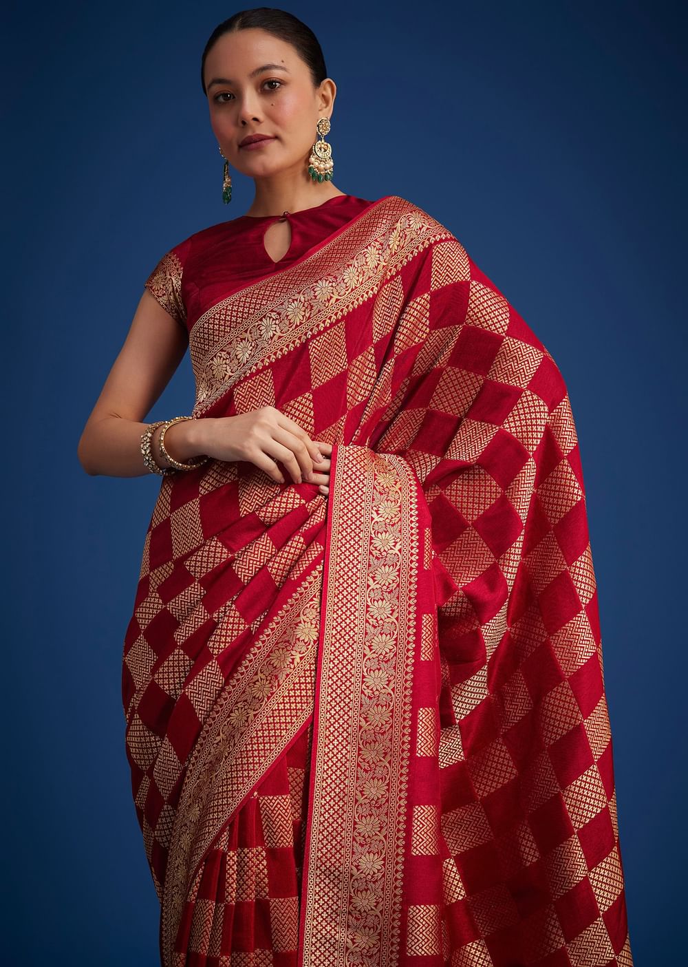 Red Dola Silk Saree With Zari Checkered Design And Woven Border