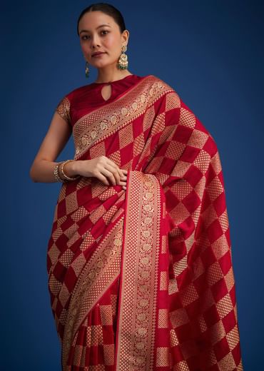 Red Dola Silk Saree With Zari Checkered Design And Woven Border
