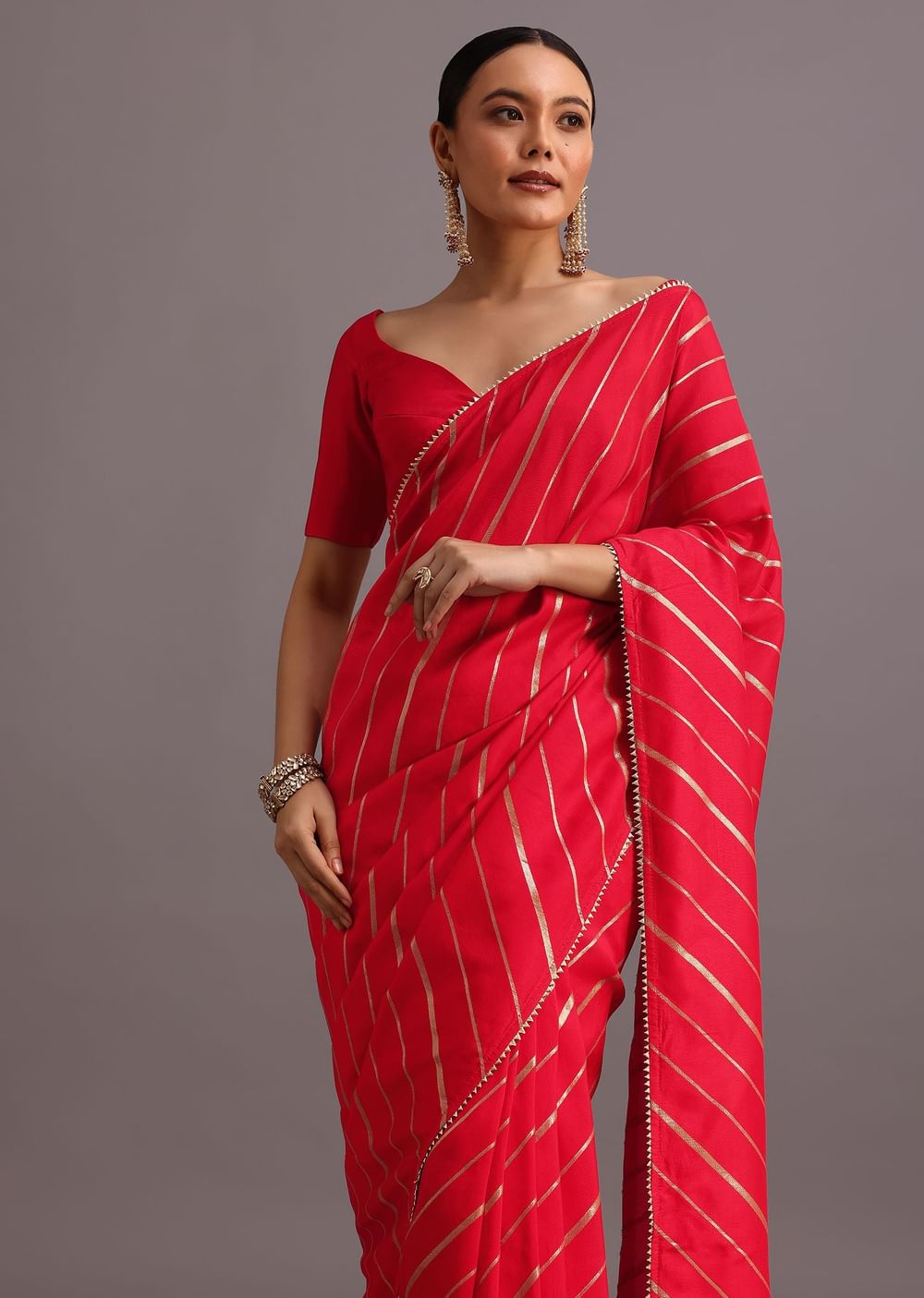 Red Dola Silk Woven Leheriya Saree With Gotta Patti Border