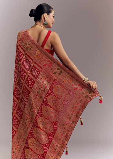 Red Dola Silk Woven Saree With Bandhani And Floral Work