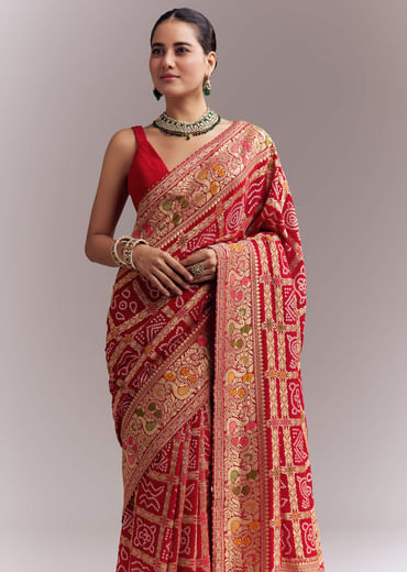 Red Dola Silk Woven Saree With Bandhani And Floral Work