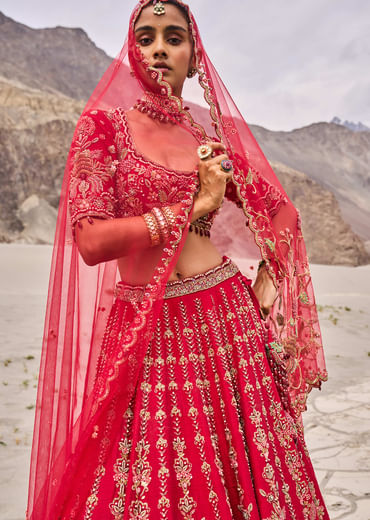 Red Embroidered Bridal Lehenga Blouse With Two Dupattas