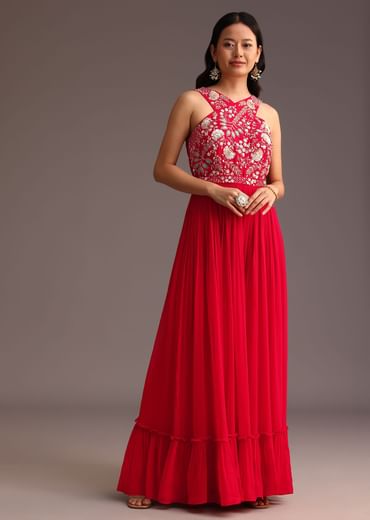 Red Embroidered Jumpsuit With Belt
