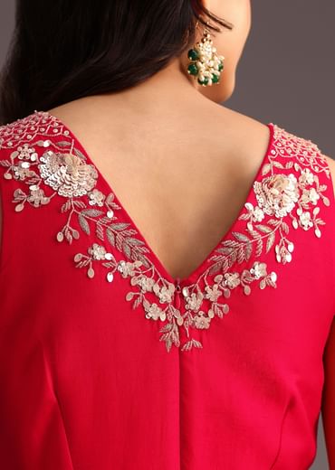 Red Embroidered Jumpsuit With Belt