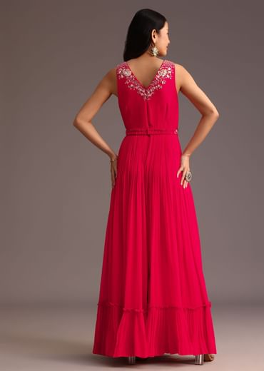 Red Embroidered Jumpsuit With Belt