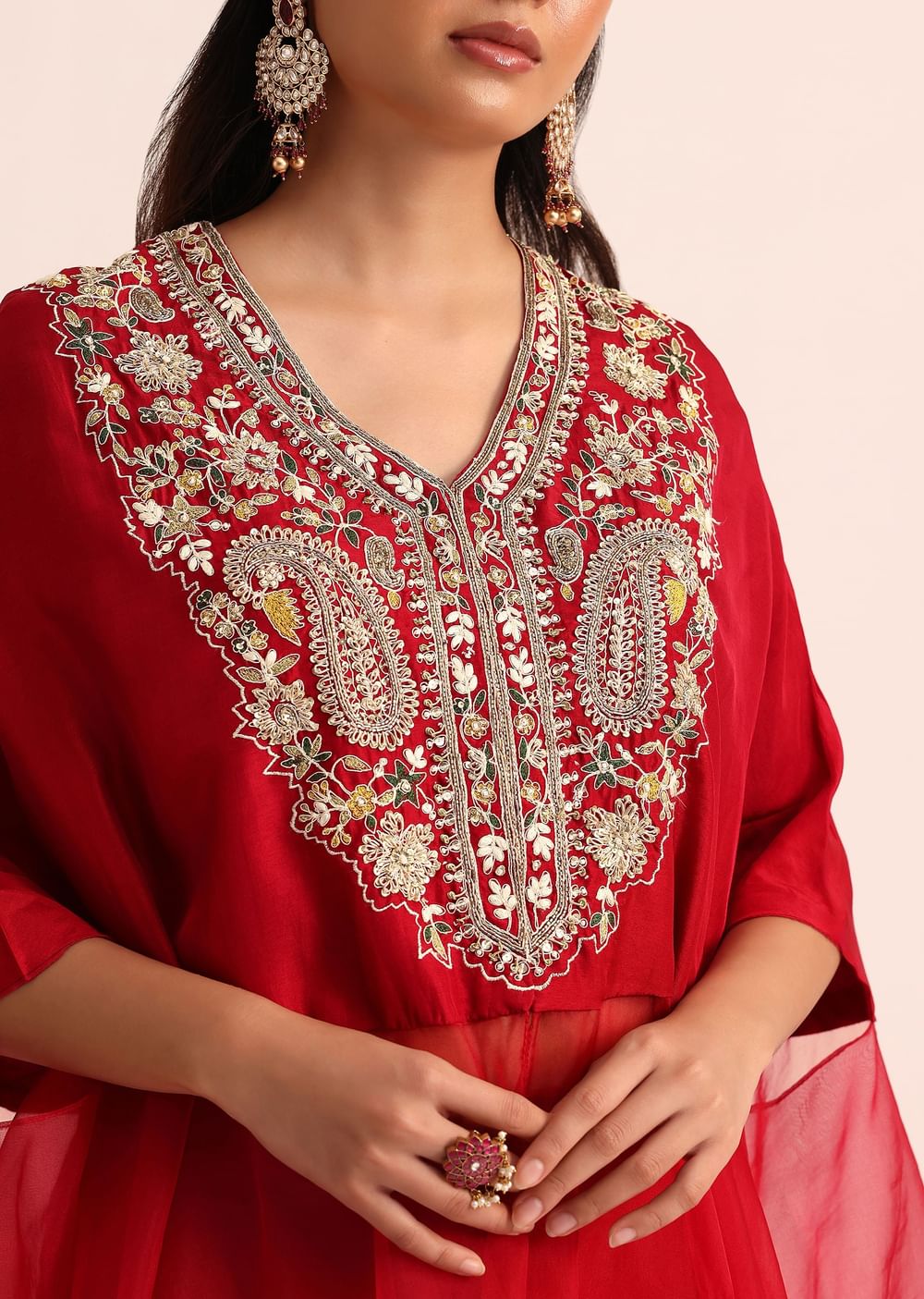 Red Embroidered Silk Crop Top Palazzo And Cape