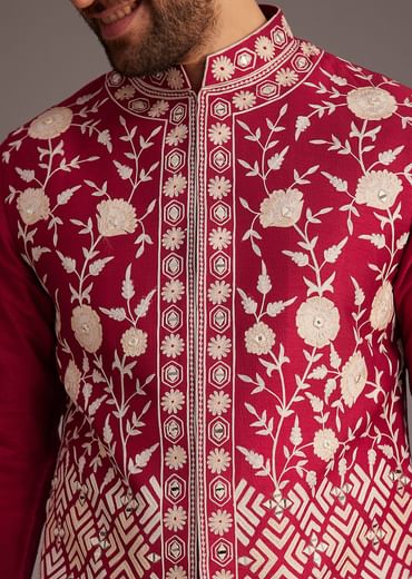Red Floral Embroidered Jacket Kurta Set
