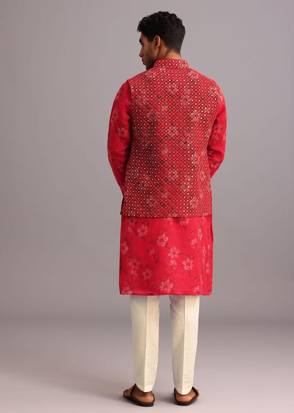Red Floral Print Jacket Kurta Set In Georgette