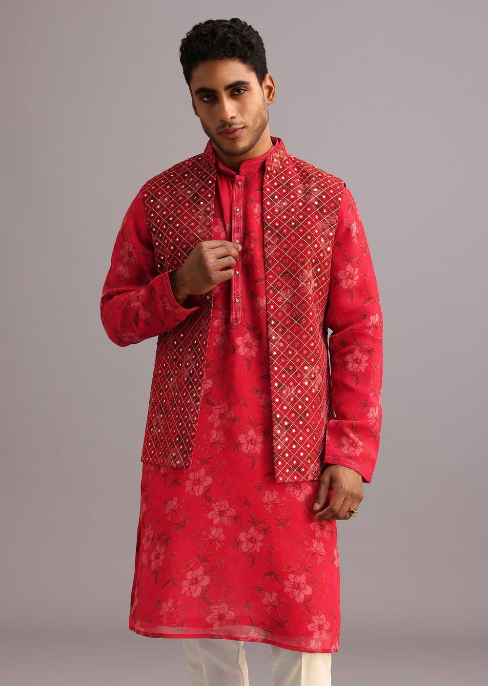 Red Floral Print Jacket Kurta Set In Georgette