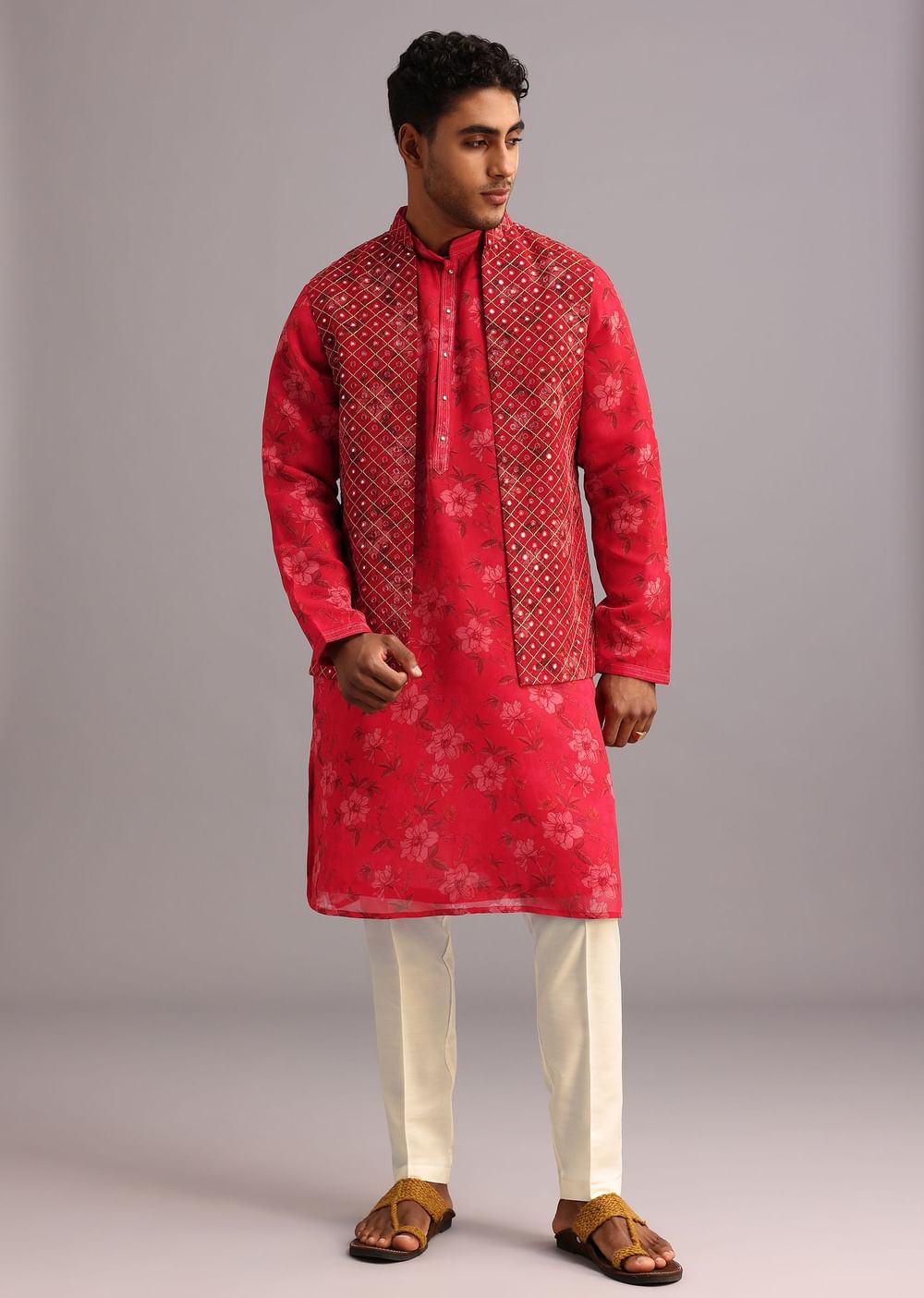 Red Floral Print Jacket Kurta Set In Georgette