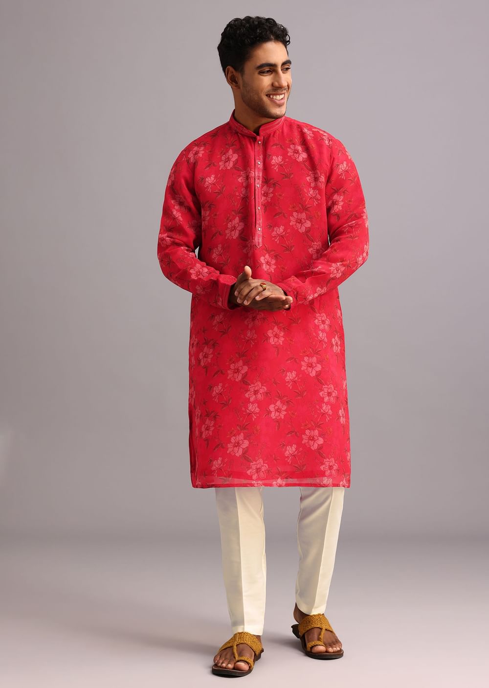 Red Floral Print Jacket Kurta Set In Georgette