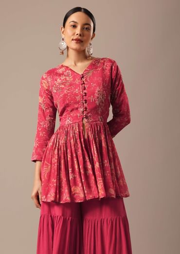 Red Floral Print Peplum Top And Sharara Set