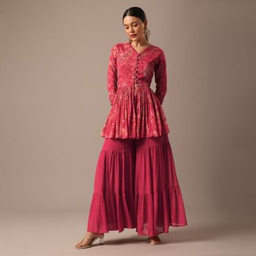 Red Floral Print Peplum Top And Sharara Set