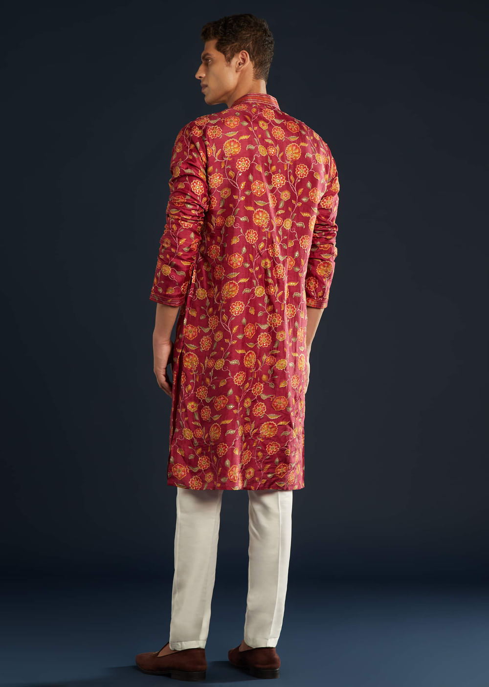 Red Floral Print Silk Kurta Set with Resham Work