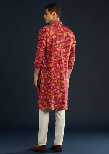 Red Floral Print Silk Kurta Set with Resham Work