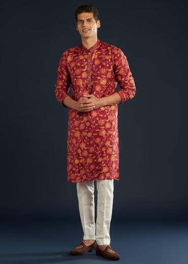 Red Floral Print Silk Kurta Set with Resham Work