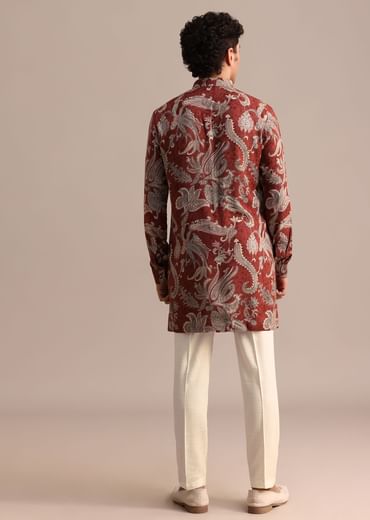 Red Floral Printed Kurta For Men