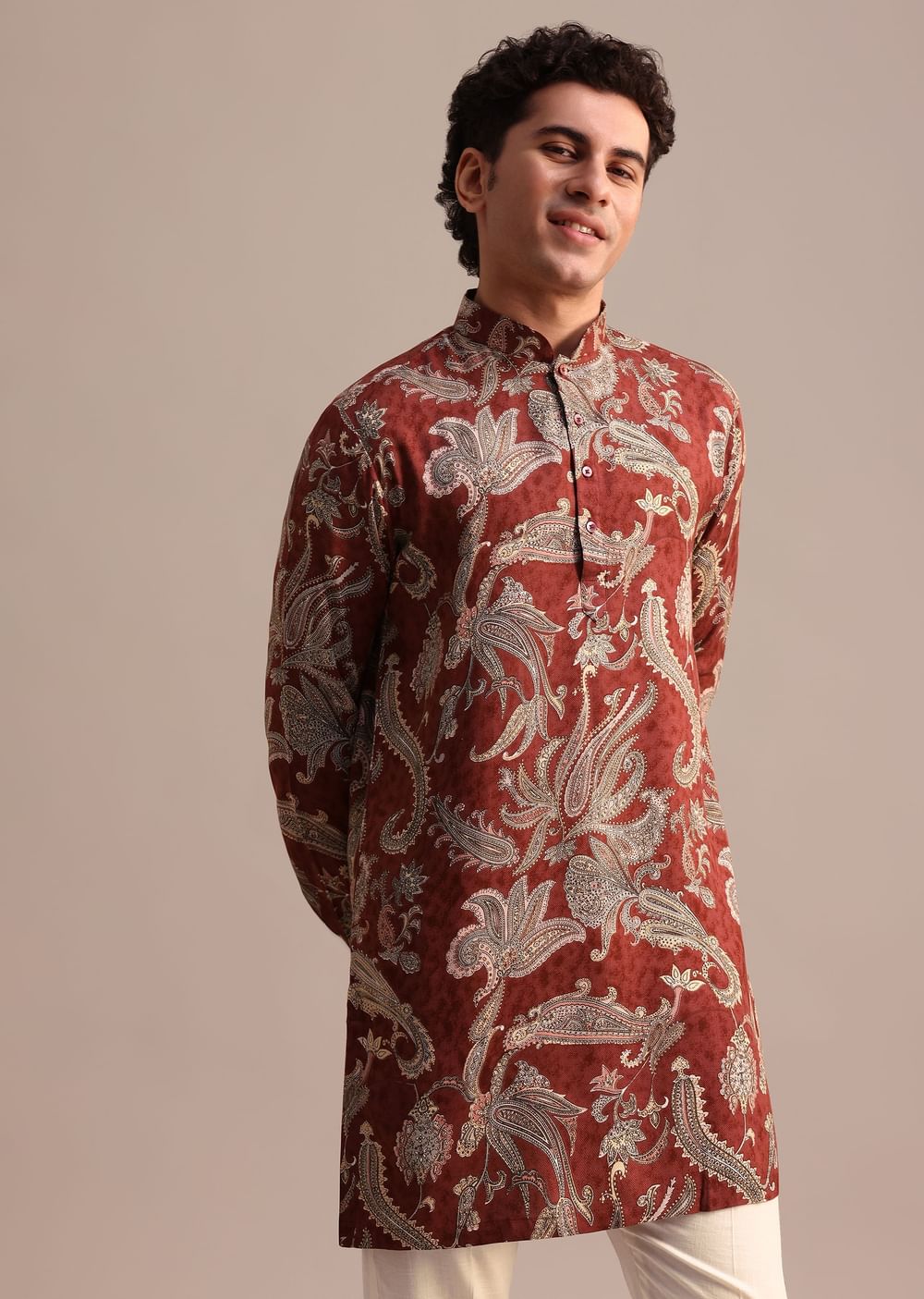 Red Floral Printed Kurta For Men