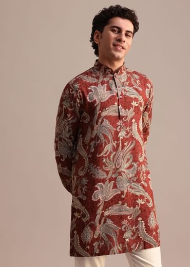 Red Floral Printed Kurta For Men