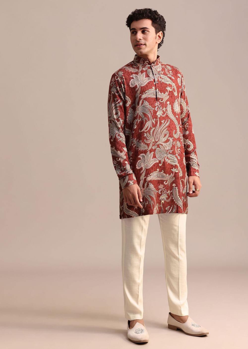 Red Floral Printed Kurta For Men
