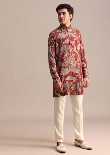 Red Floral Printed Kurta For Men