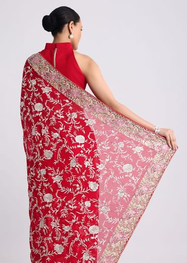 Red Georgette Saree with Parsi Gara Work