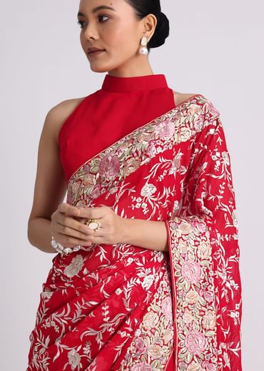 Red Georgette Saree with Parsi Gara Work